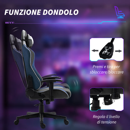 Ergonomic Gaming Chair with Armrests, Headrest, Adjustable Height, Reclining Office Gaming Armchair in Linen Fabric with Rocking Function, Lumbar Support, Blue