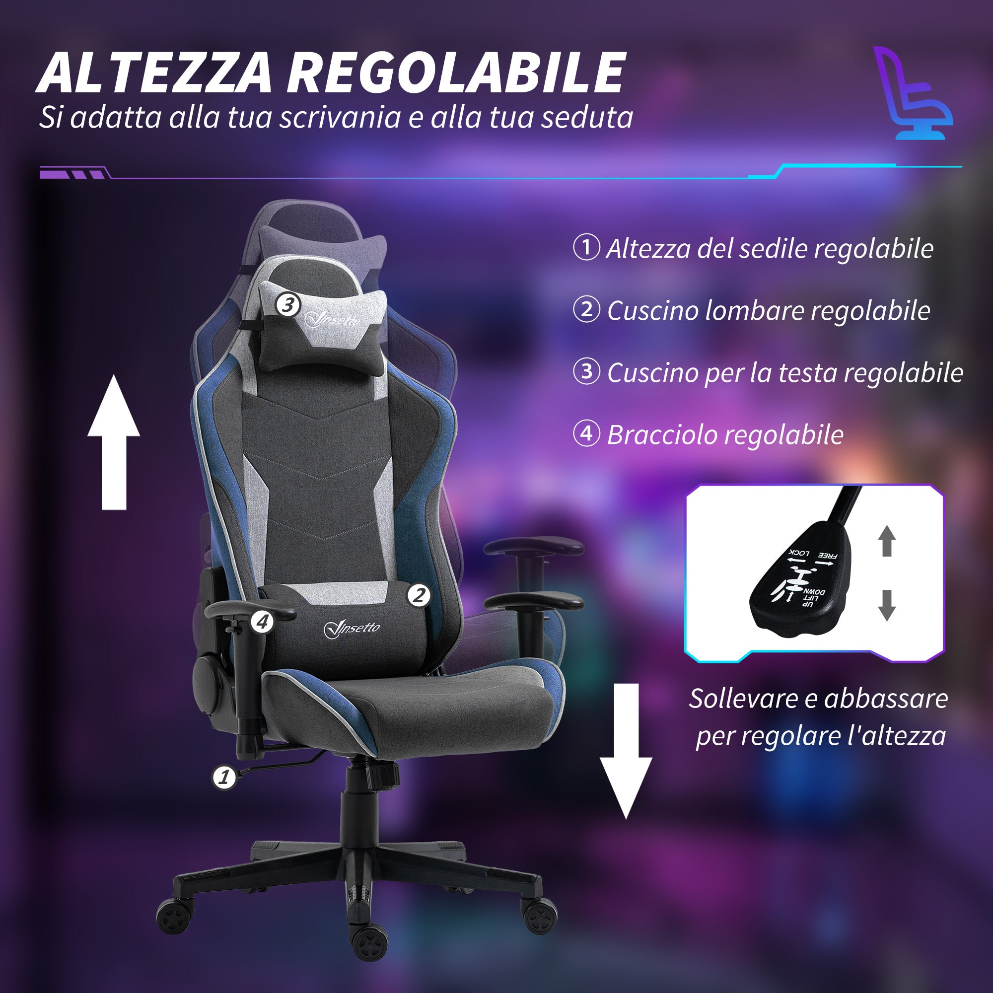 Ergonomic Gaming Chair with Armrests, Headrest, Adjustable Height, Reclining Office Gaming Armchair in Linen Fabric with Rocking Function, Lumbar Support, Blue