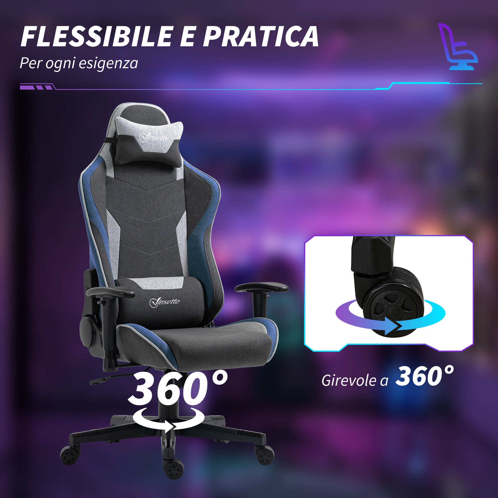 Ergonomic Gaming Chair with Armrests, Headrest, Adjustable Height, Reclining Office Gaming Armchair in Linen Fabric with Rocking Function, Lumbar Support, Blue