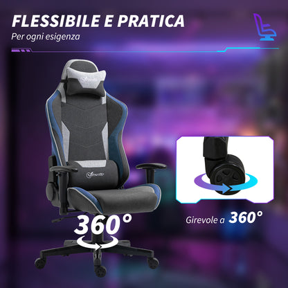 Ergonomic Gaming Chair with Armrests, Headrest, Adjustable Height, Reclining Office Gaming Armchair in Linen Fabric with Rocking Function, Lumbar Support, Blue