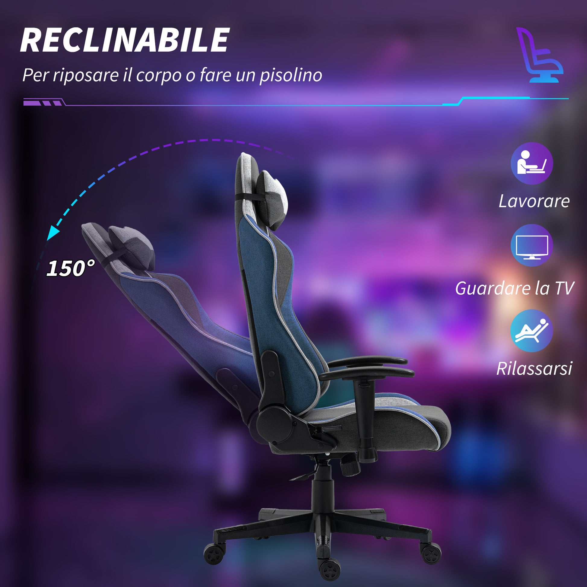 Ergonomic Gaming Chair with Armrests, Headrest, Adjustable Height, Reclining Office Gaming Armchair in Linen Fabric with Rocking Function, Lumbar Support, Blue