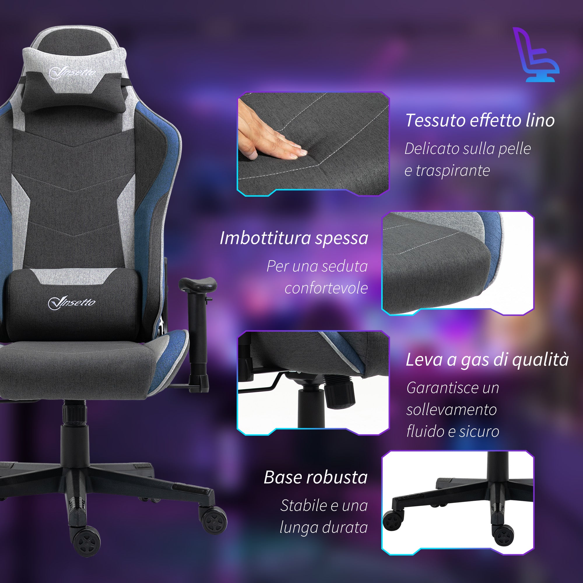 Ergonomic Gaming Chair with Armrests, Headrest, Adjustable Height, Reclining Office Gaming Armchair in Linen Fabric with Rocking Function, Lumbar Support, Blue