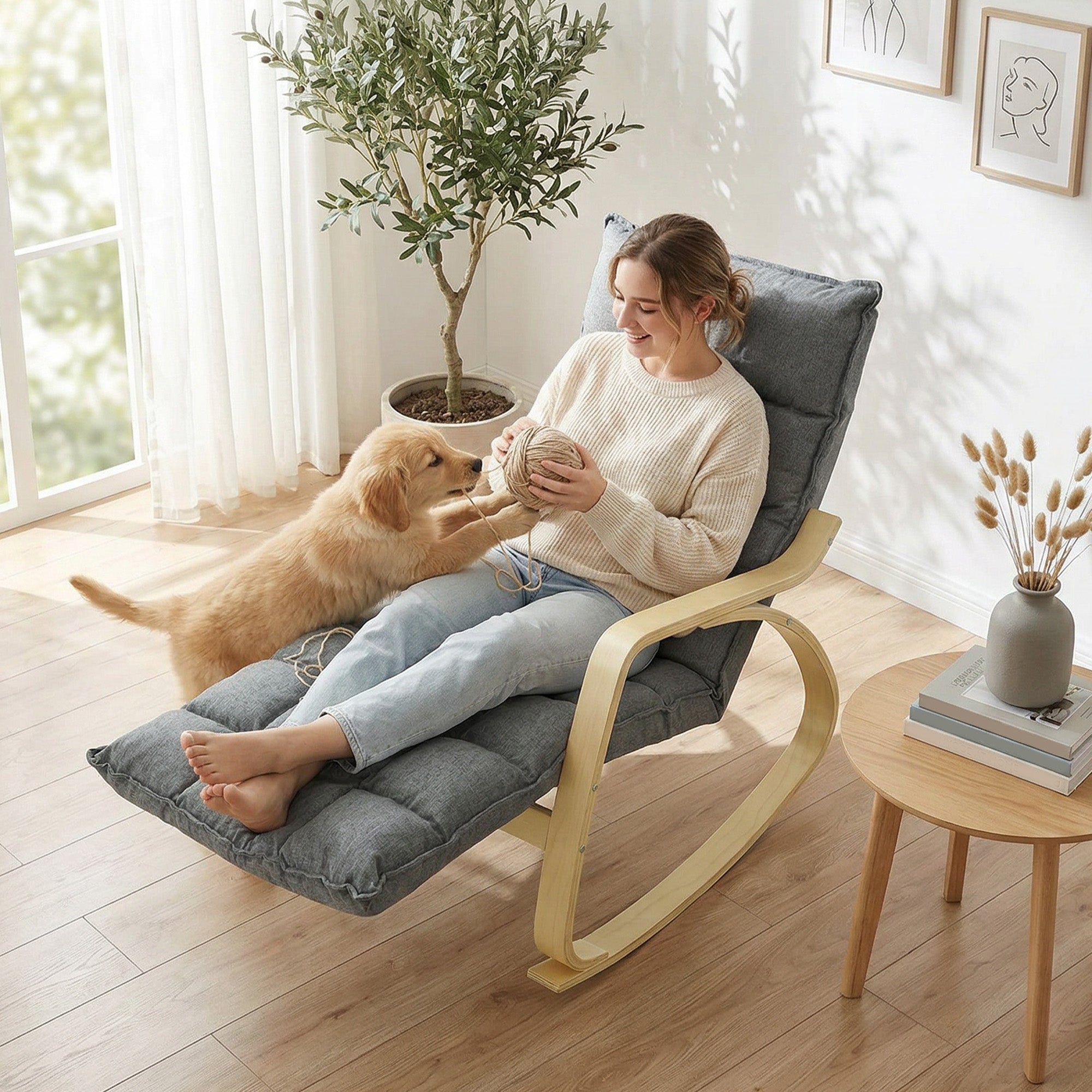 Rocking Recliner with 5-Position Adjustable Footrest, High Back, Linen-Look Upholstery — Gray