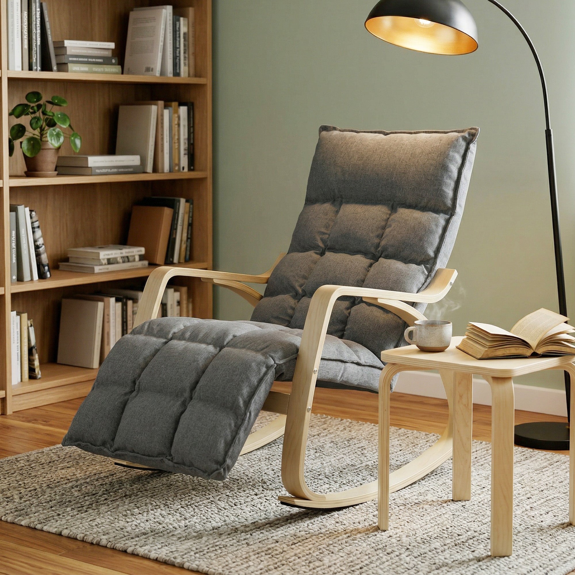Rocking Recliner with 5-Position Adjustable Footrest, High Back, Linen-Look Upholstery — Gray
