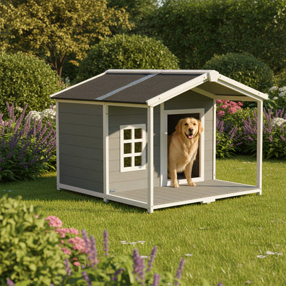 Waterproof Wooden Outdoor Dog House — 40.6 x 42.1 x 32.9 in (103 x 107 x 83.5 cm) Elevated Kennel with Lift-Up Asphalt Roof, Porch & Window — Gray — For Medium Dogs up to 44 lb