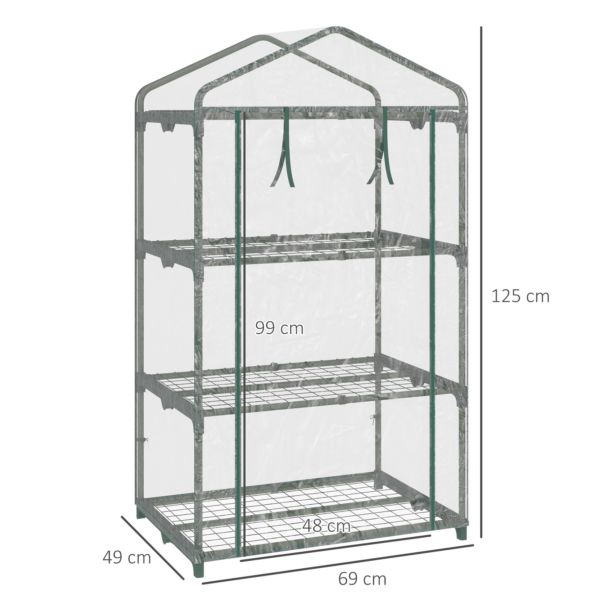 3-Tier Garden Greenhouse Terrace Greenhouse with 3 Shelves 1 Zippered Door for Planting Flowers Vegetables 69x49x125 cm Transparent