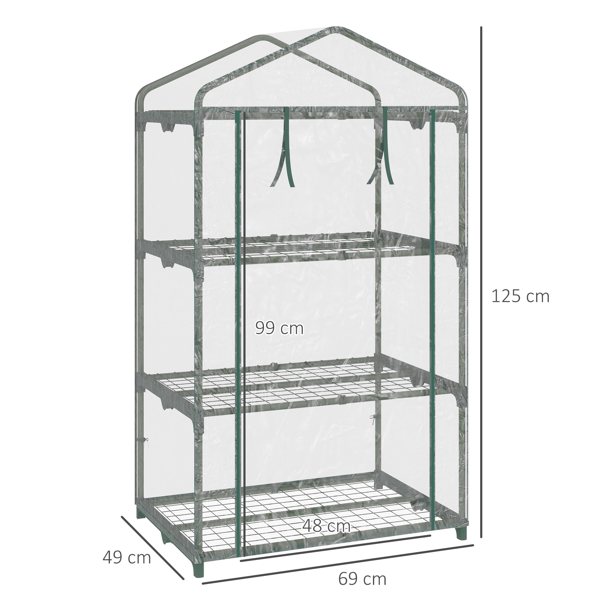 3-Tier Garden Greenhouse Terrace Greenhouse with 3 Shelves 1 Zippered Door for Planting Flowers Vegetables 69x49x125 cm Transparent