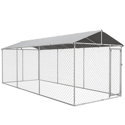 Kennel Outdoor Dog Kennel, Animal Enclosure with Waterproof Cover, Steel Dog Cage, 600x230x230cm, Silver and Gray