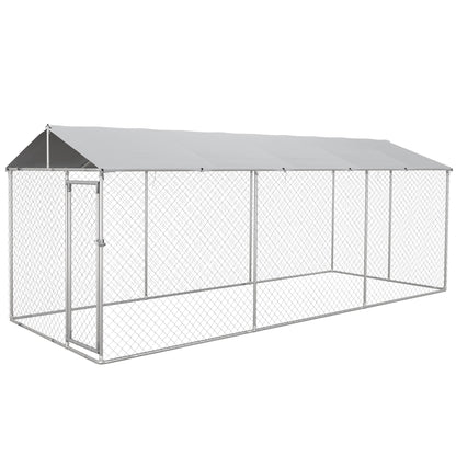 Kennel Outdoor Dog Kennel, Animal Enclosure with Waterproof Cover, Steel Dog Cage, 600x230x230cm, Silver and Gray
