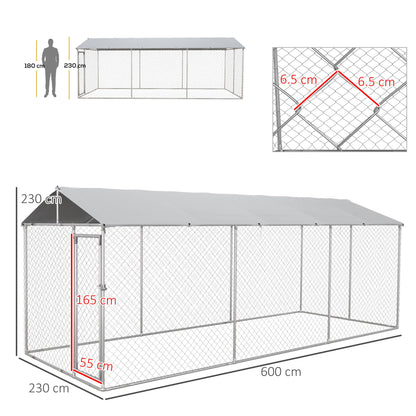 Kennel Outdoor Dog Kennel, Animal Enclosure with Waterproof Cover, Steel Dog Cage, 600x230x230cm, Silver and Gray
