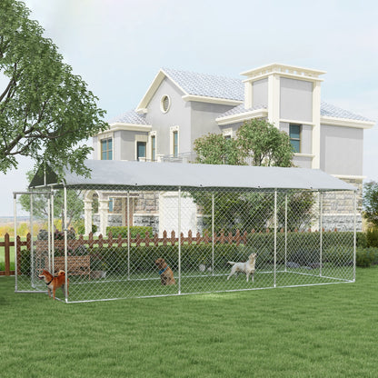 Kennel Outdoor Dog Kennel, Animal Enclosure with Waterproof Cover, Steel Dog Cage, 600x230x230cm, Silver and Gray