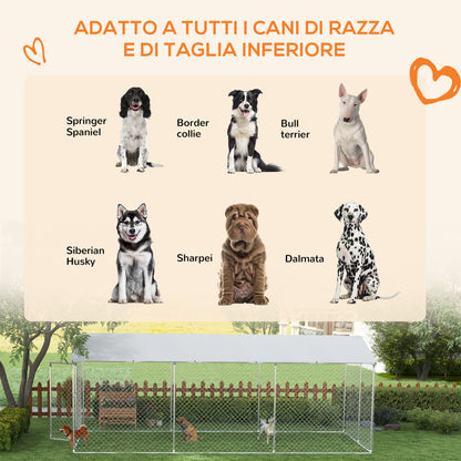 Kennel Outdoor Dog Kennel, Animal Enclosure with Waterproof Cover, Steel Dog Cage, 600x230x230cm, Silver and Gray