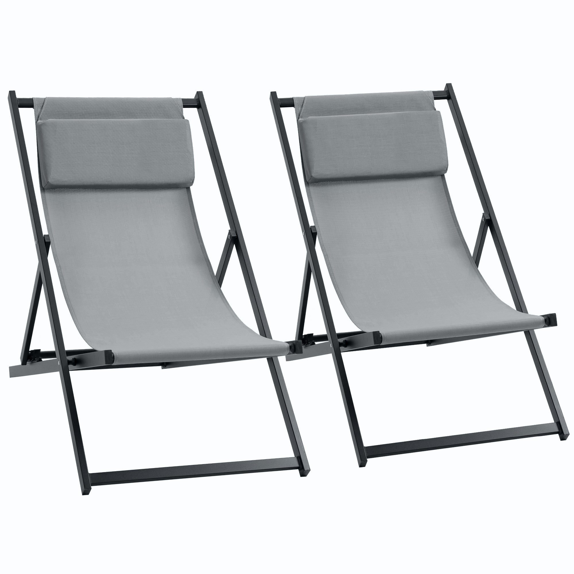 Set of 2 Folding Aluminum Sun Loungers Garden Loungers with 5-Position Adjustable Backrest and Headrests for Terrace Patio Outdoor 58x96.5x91.5 cm Dark Gray