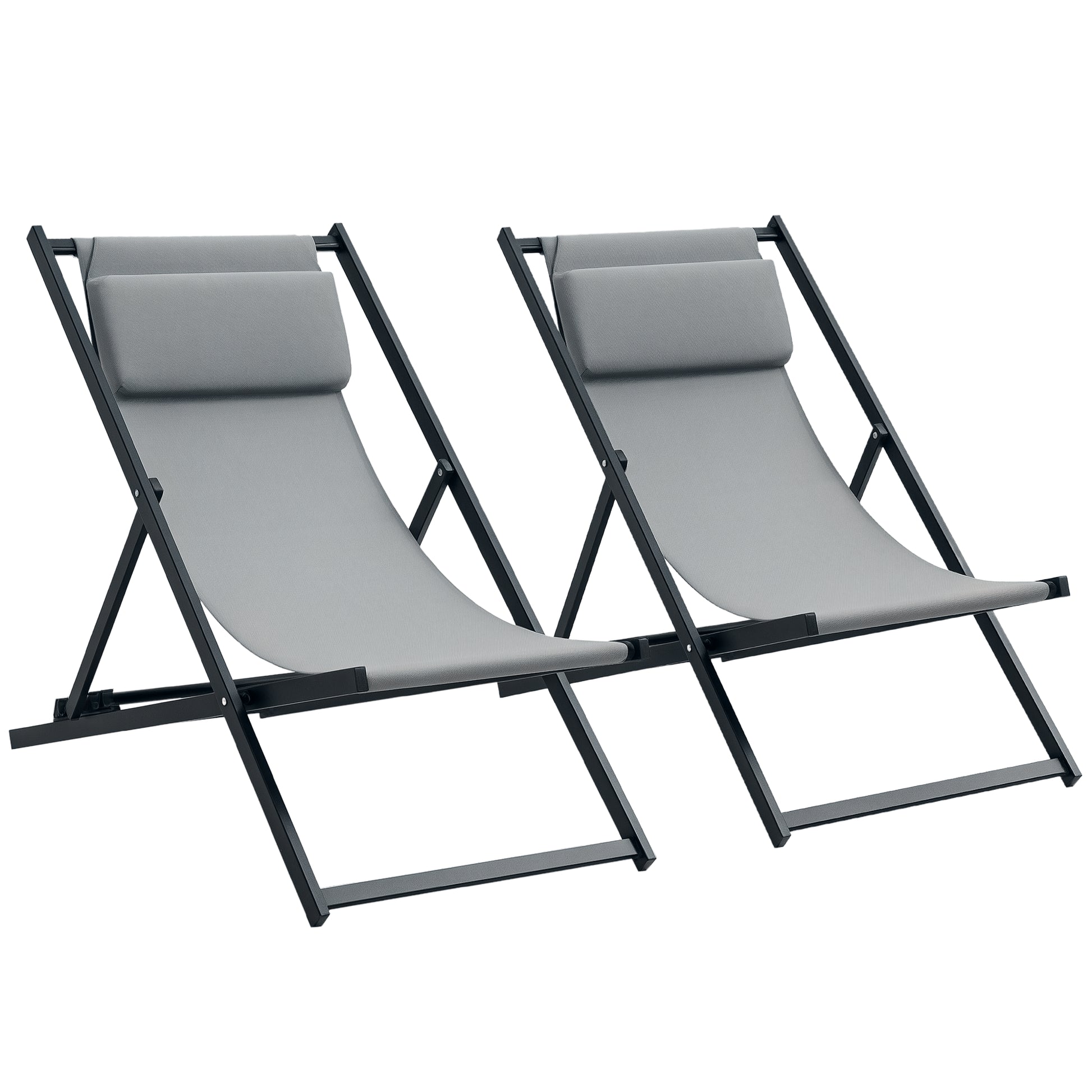 Set of 2 Folding Aluminum Sun Loungers Garden Loungers with 5-Position Adjustable Backrest and Headrests for Terrace Patio Outdoor 58x96.5x91.5 cm Dark Gray