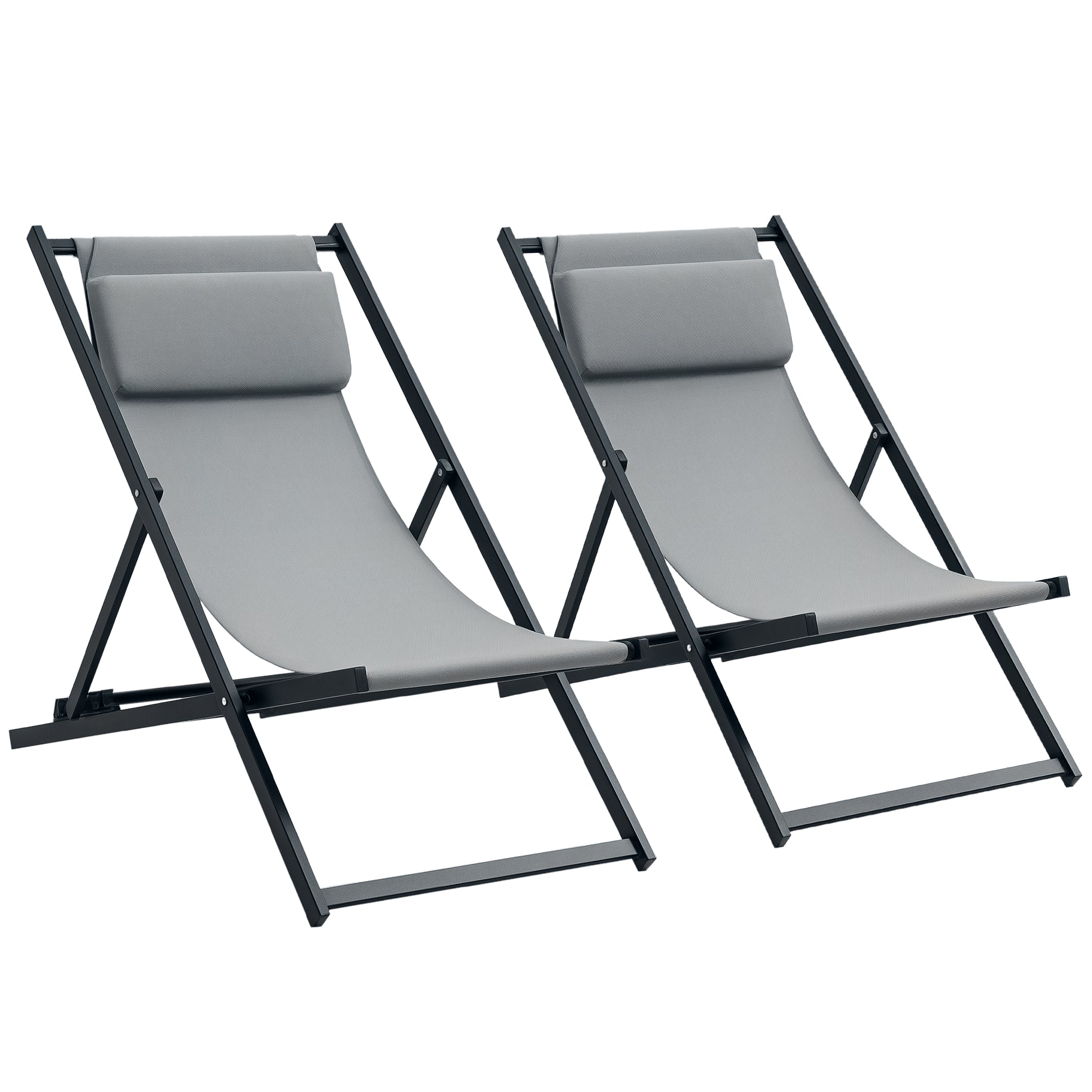 Set of 2 Folding Aluminum Sun Loungers Garden Loungers with 5-Position Adjustable Backrest and Headrests for Terrace Patio Outdoor 58x96.5x91.5 cm Dark Gray