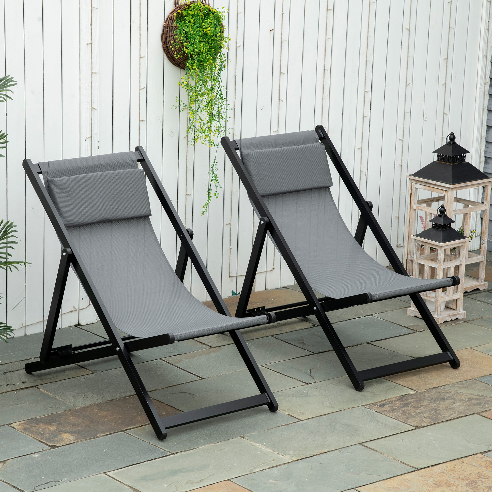 Set of 2 Folding Aluminum Sun Loungers Garden Loungers with 5-Position Adjustable Backrest and Headrests for Terrace Patio Outdoor 58x96.5x91.5 cm Dark Gray