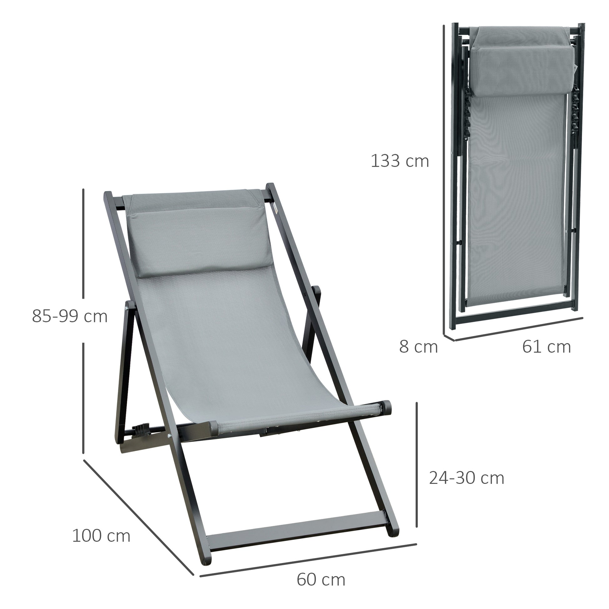 Set of 2 Folding Aluminum Sun Loungers Garden Loungers with 5-Position Adjustable Backrest and Headrests for Terrace Patio Outdoor 58x96.5x91.5 cm Dark Gray