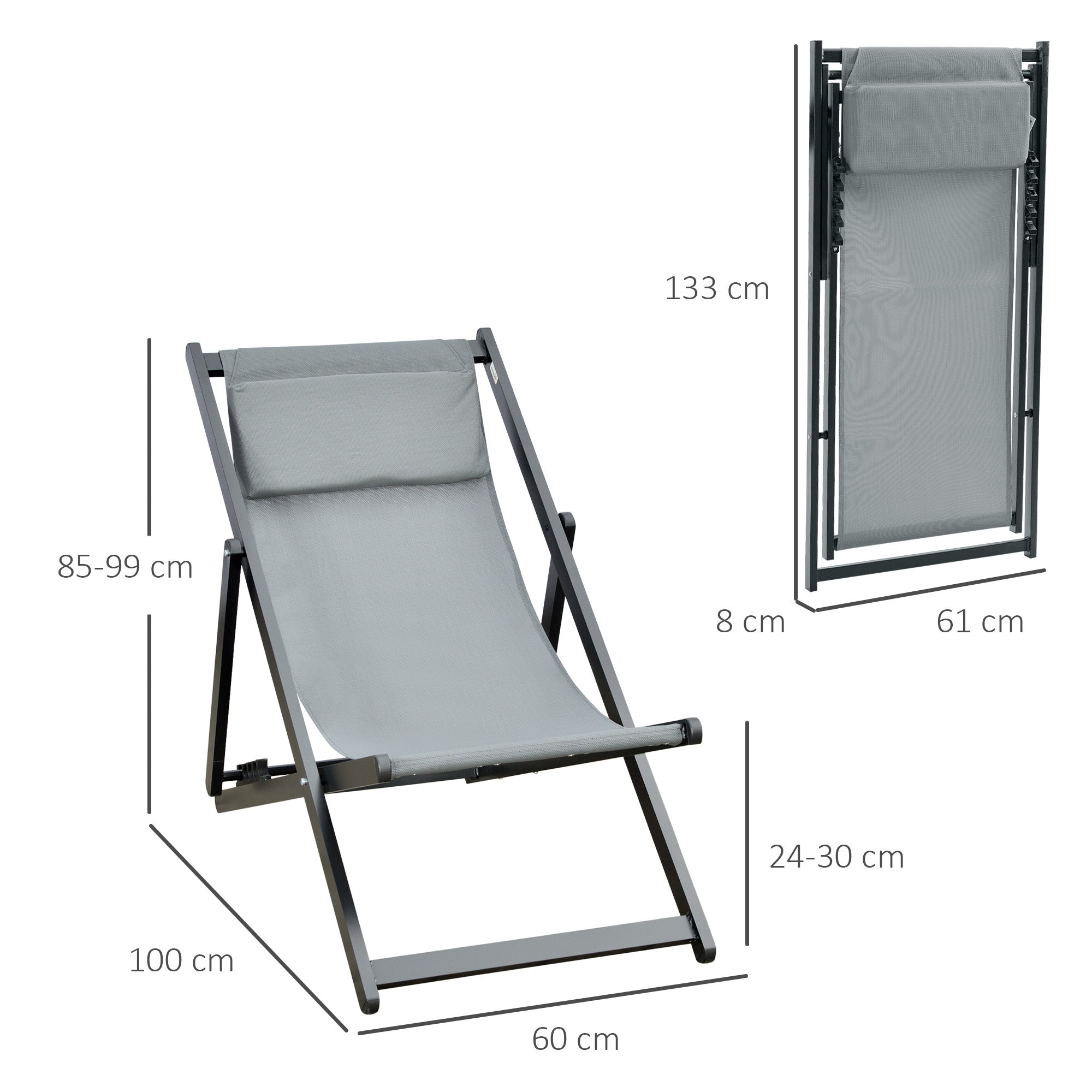 Set of 2 Folding Aluminum Sun Loungers Garden Loungers with 5-Position Adjustable Backrest and Headrests for Terrace Patio Outdoor 58x96.5x91.5 cm Dark Gray