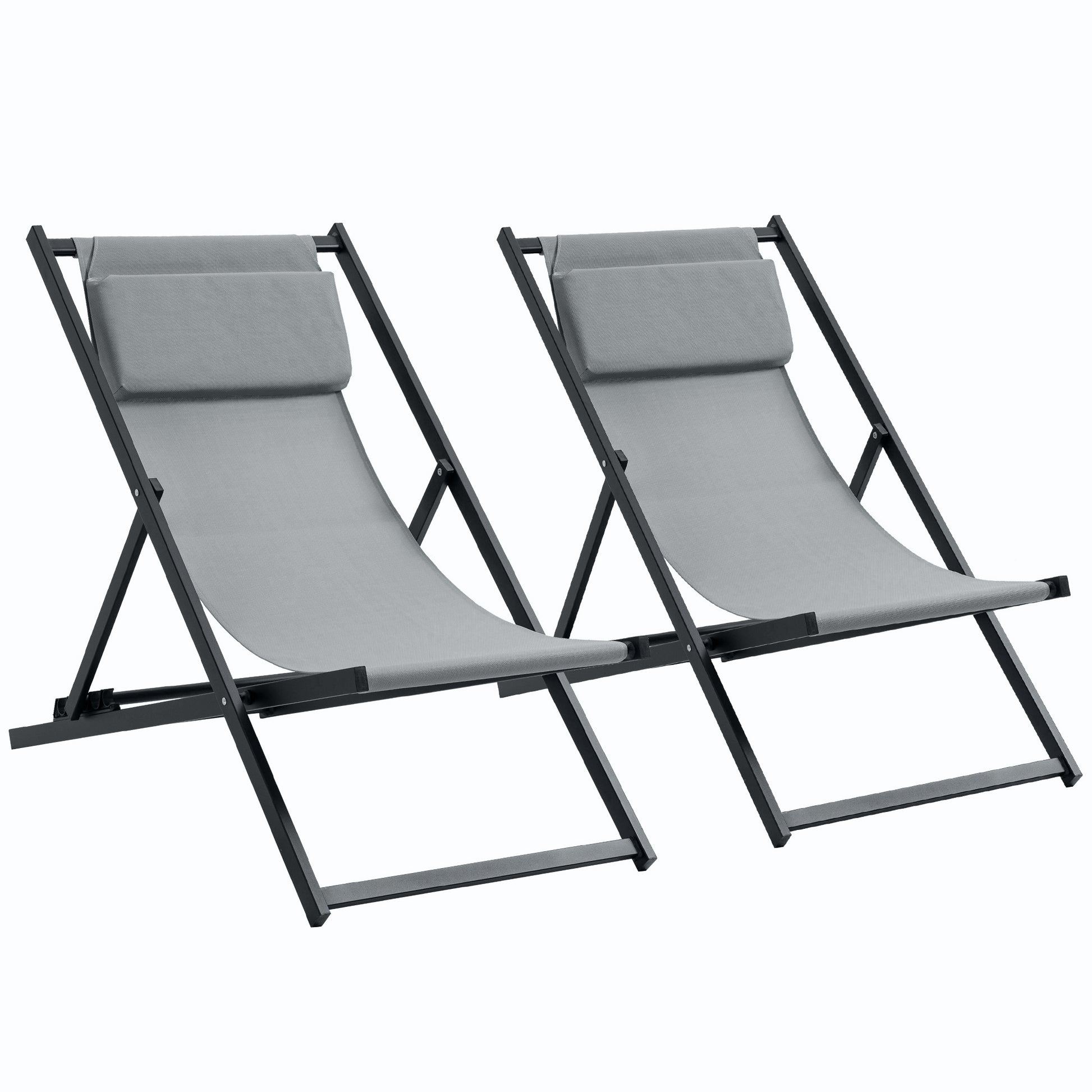 Set of 2 Folding Aluminum Sun Loungers Garden Loungers with 5-Position Adjustable Backrest and Headrests for Terrace Patio Outdoor 58x96.5x91.5 cm Dark Gray
