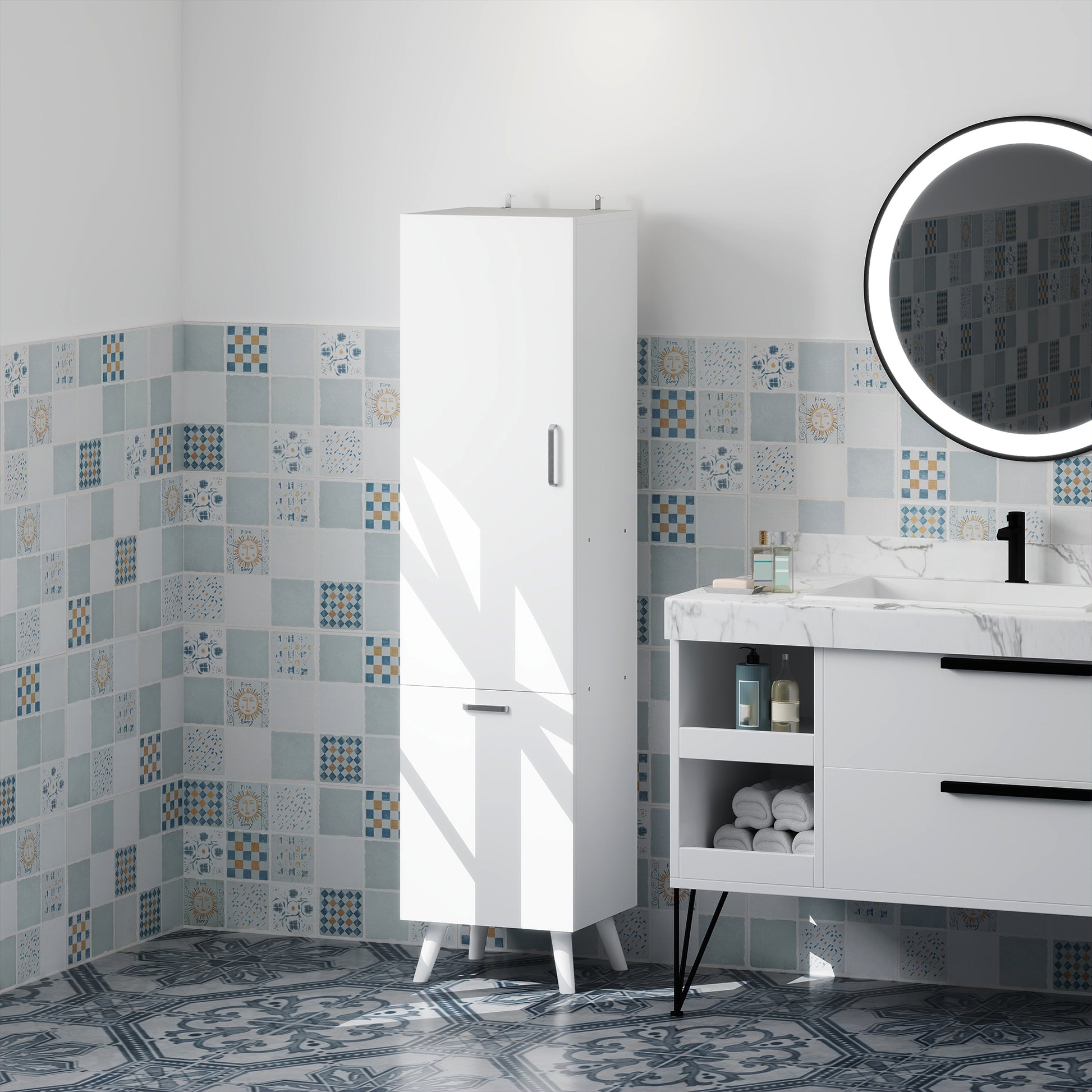 Bathroom Column Cabinet, Storage Cabinet with Door Cupboards, Bathroom Cabinet, Kitchen, Living Room, 35 x 31.5 x 144 cm, White