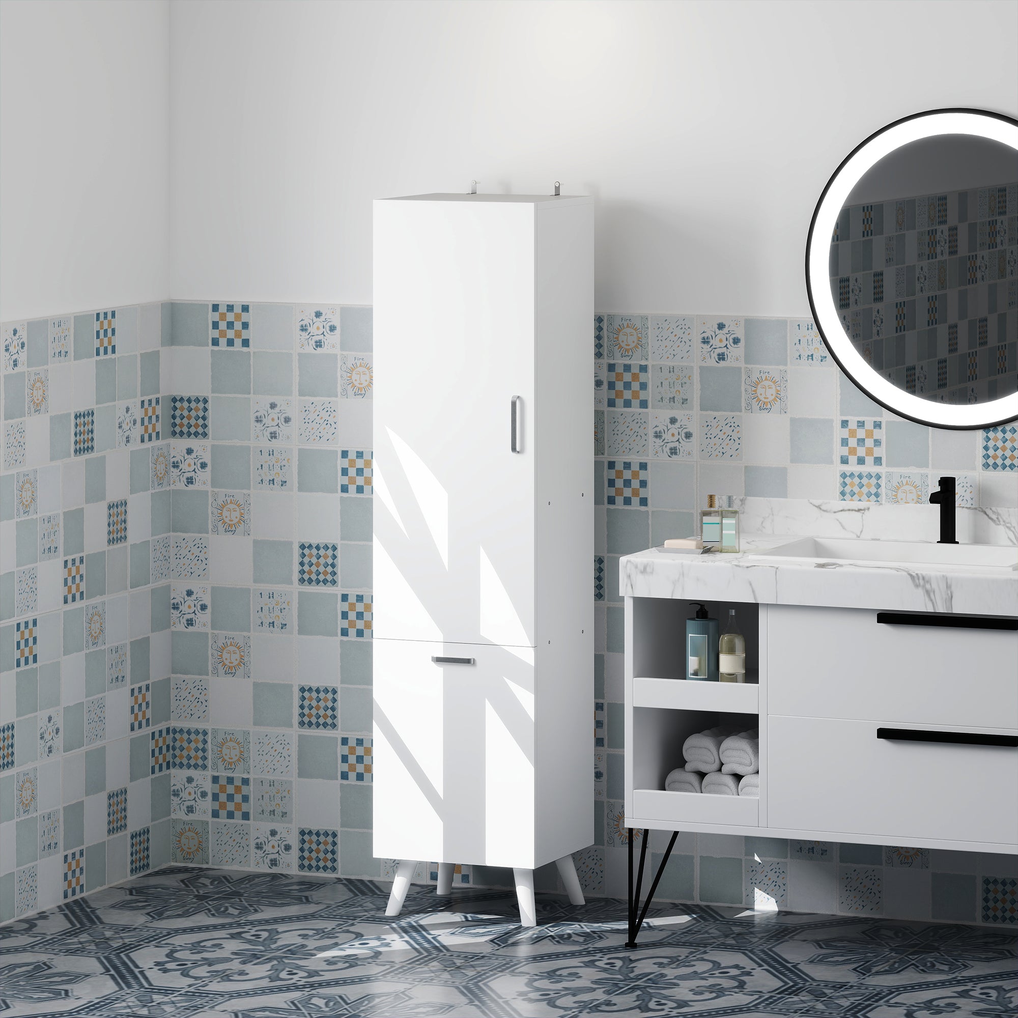 Bathroom Column Cabinet, Storage Cabinet with Door Cupboards, Bathroom Cabinet, Kitchen, Living Room, 35 x 31.5 x 144 cm, White