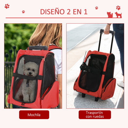 Pet Carrier Cart 2-in-1 Backpack 16.5x9.8x21.7 inches for Pets Dogs Cats Red