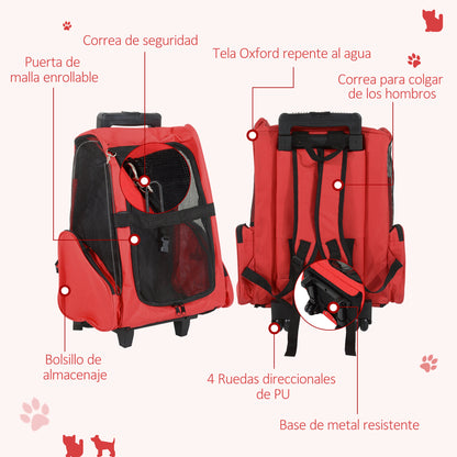 Pet Carrier Cart 2-in-1 Backpack 16.5x9.8x21.7 inches for Pets Dogs Cats Red