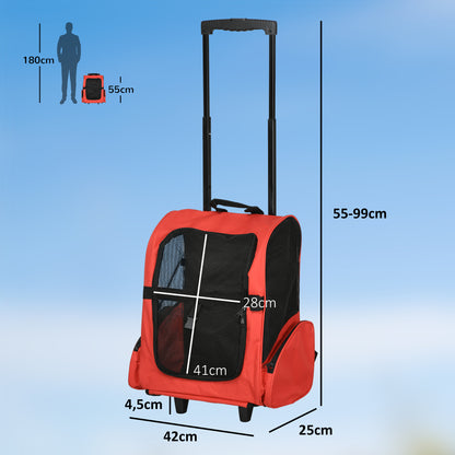 Pet Carrier Cart 2-in-1 Backpack 16.5x9.8x21.7 inches for Pets Dogs Cats Red