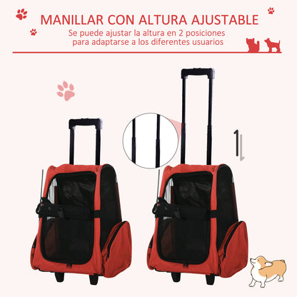 Pet Carrier Cart 2-in-1 Backpack 16.5x9.8x21.7 inches for Pets Dogs Cats Red