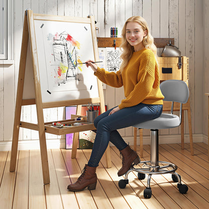 Adjustable Rolling Stool with Backrest — Swivel Salon/Work Chair with Wheels & Footrest, PU Leather, 12.6 x 15.7 x 27.6–33.9 in, Gray