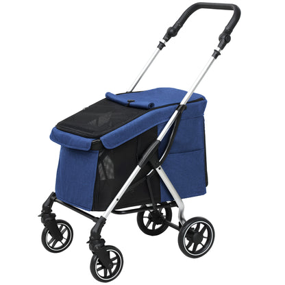 Lightweight Aluminum Folding Dog Buggy for Dogs & Cats - Dark Blue Cat Buggy with Cushion, Mesh Windows, Doors, Storage Basket, Cat Stroller