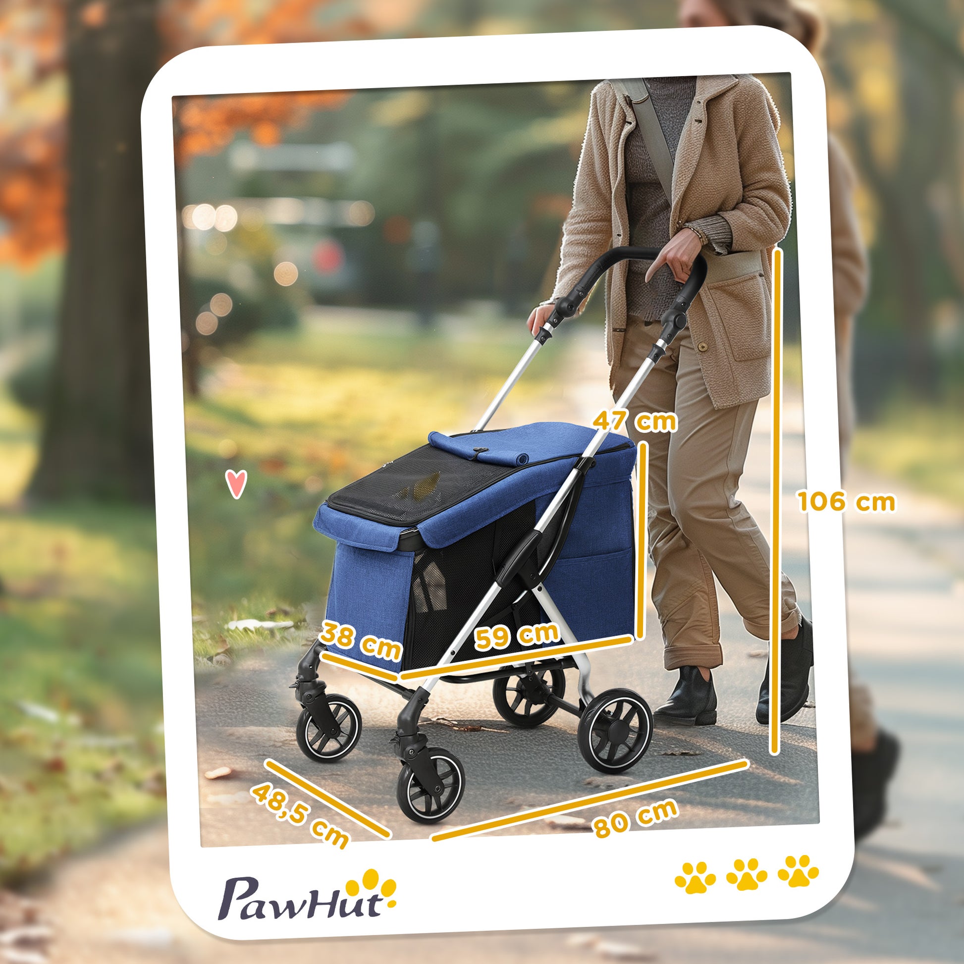 Lightweight Aluminum Folding Dog Buggy for Dogs & Cats - Dark Blue Cat Buggy with Cushion, Mesh Windows, Doors, Storage Basket, Cat Stroller