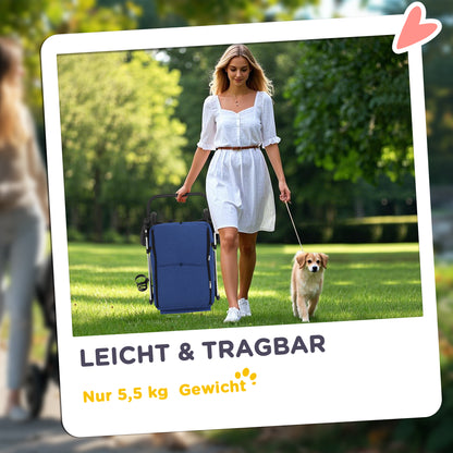 Lightweight Aluminum Folding Dog Buggy for Dogs & Cats - Dark Blue Cat Buggy with Cushion, Mesh Windows, Doors, Storage Basket, Cat Stroller