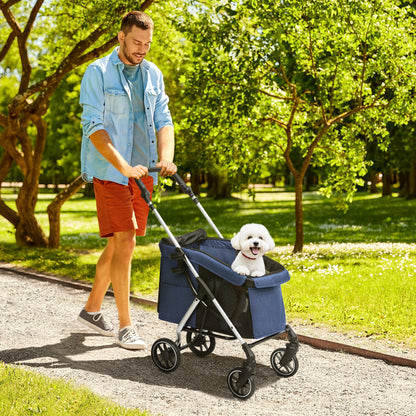 Lightweight Aluminum Folding Dog Buggy for Dogs & Cats - Dark Blue Cat Buggy with Cushion, Mesh Windows, Doors, Storage Basket, Cat Stroller