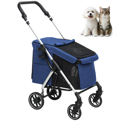 Lightweight Aluminum Folding Dog Buggy for Dogs & Cats - Dark Blue Cat Buggy with Cushion, Mesh Windows, Doors, Storage Basket, Cat Stroller
