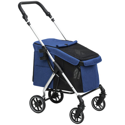 Lightweight Aluminum Folding Dog Buggy for Dogs & Cats - Dark Blue Cat Buggy with Cushion, Mesh Windows, Doors, Storage Basket, Cat Stroller