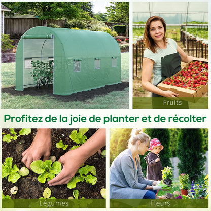Garden Tunnel Greenhouse Ground Surface 8 m² 4L x 2W x 2.05H m Reinforced Tubular Frame Zippered Door 6 Roll-Up Windows Green