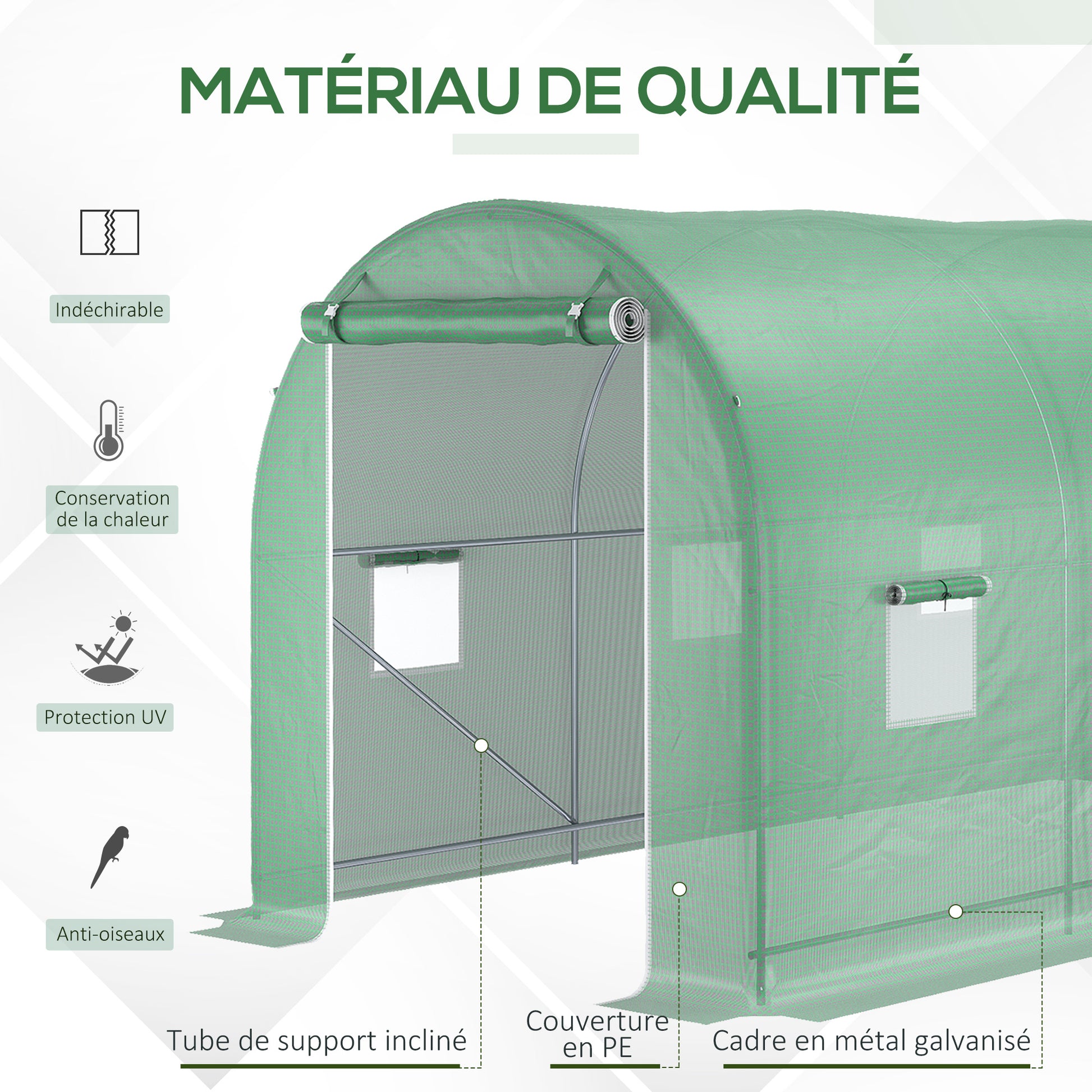 Garden Tunnel Greenhouse Ground Surface 8 m² 4L x 2W x 2.05H m Reinforced Tubular Frame Zippered Door 6 Roll-Up Windows Green
