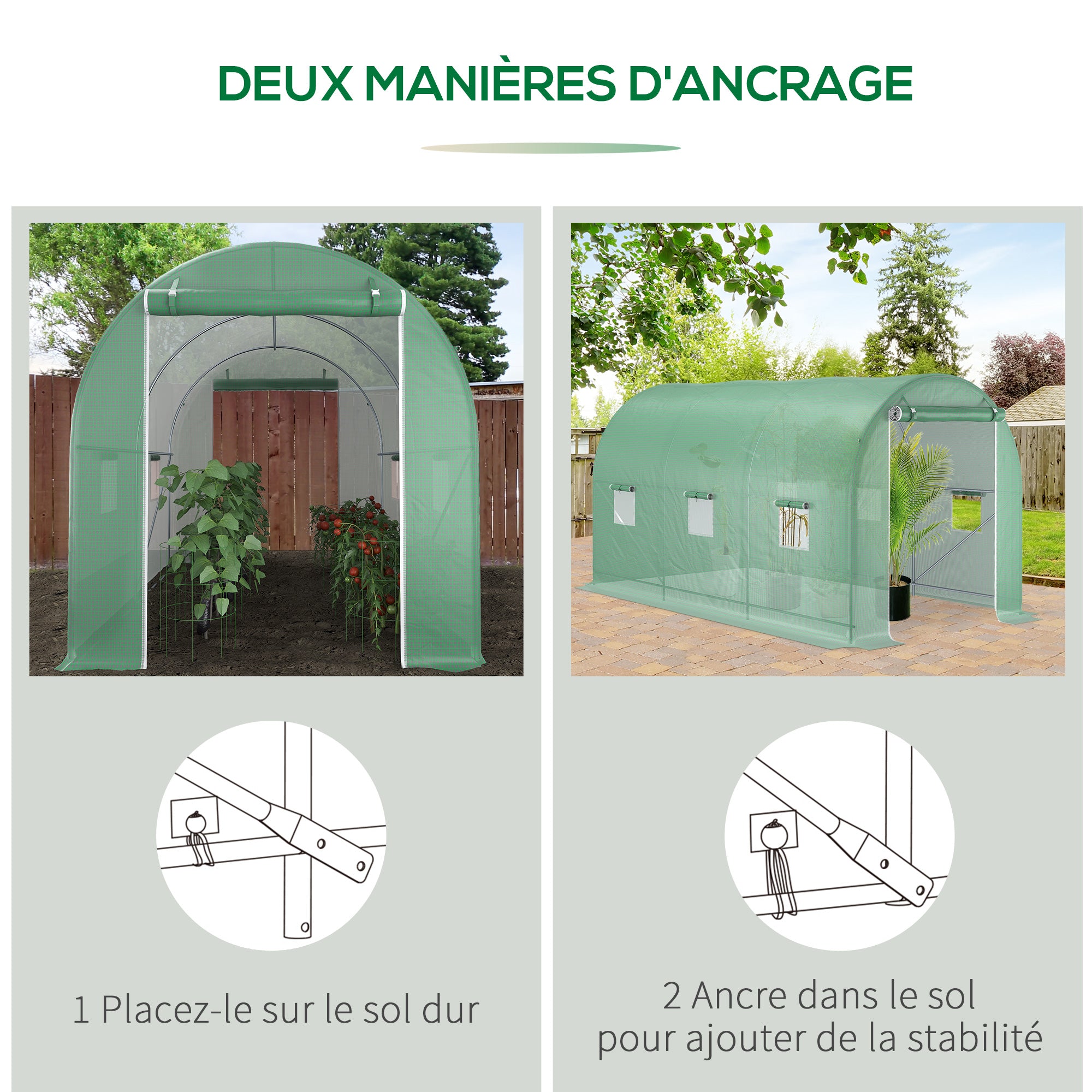 Garden Tunnel Greenhouse Ground Surface 8 m² 4L x 2W x 2.05H m Reinforced Tubular Frame Zippered Door 6 Roll-Up Windows Green