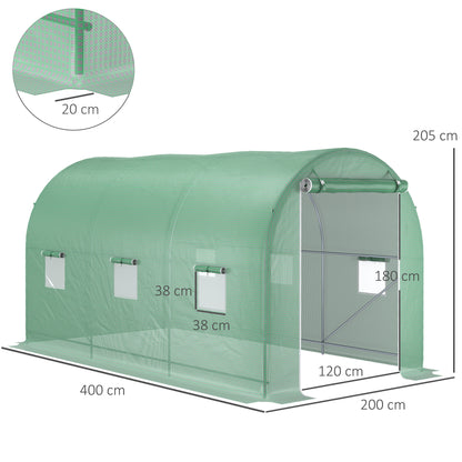 Garden Tunnel Greenhouse Ground Surface 8 m² 4L x 2W x 2.05H m Reinforced Tubular Frame Zippered Door 6 Roll-Up Windows Green