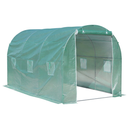 Garden Tunnel Greenhouse Ground Surface 8 m² 4L x 2W x 2.05H m Reinforced Tubular Frame Zippered Door 6 Roll-Up Windows Green