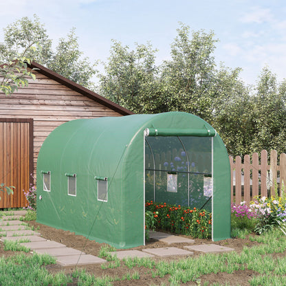Garden Tunnel Greenhouse Ground Surface 8 m² 4L x 2W x 2.05H m Reinforced Tubular Frame Zippered Door 6 Roll-Up Windows Green