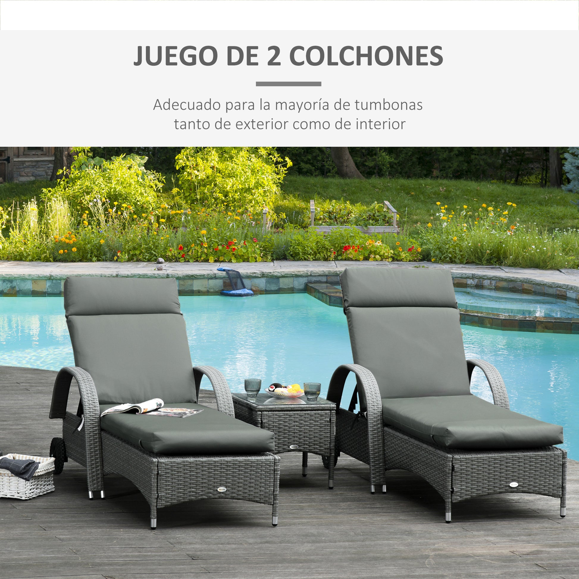 Pack 2 Lounger Cushions 77.17x21.65x3.15 inches Padded Mattress for Garden Chair Terrace Balcony Gray
