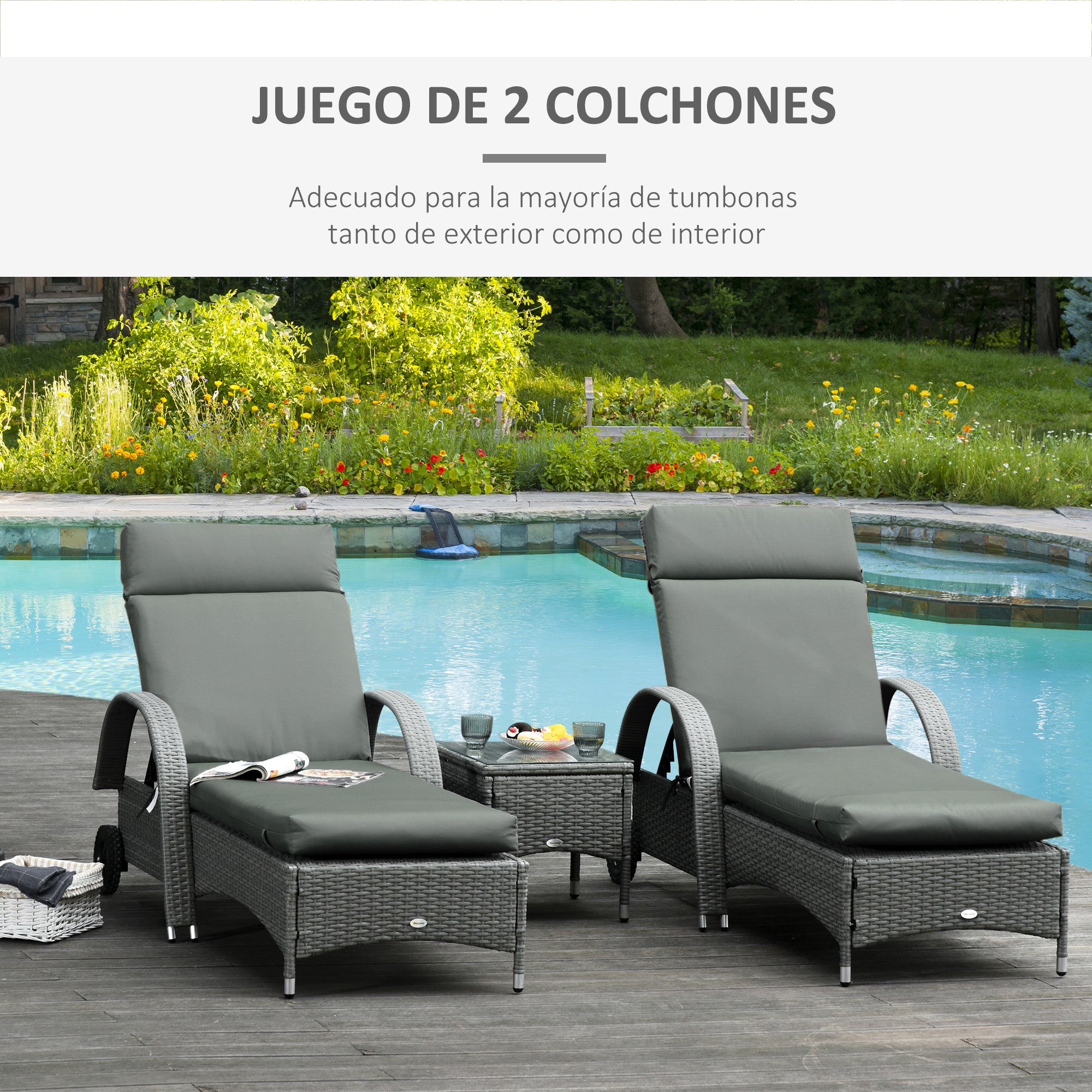 Pack 2 Lounger Cushions 77.17x21.65x3.15 inches Padded Mattress for Garden Chair Terrace Balcony Gray