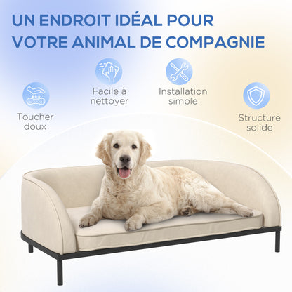 Dog Sofa Elevated Dog Bed 101.5 x 62 x 34.5 cm Removable Cushion Steel Legs Velvet Surface Cream White Black Dog Bed