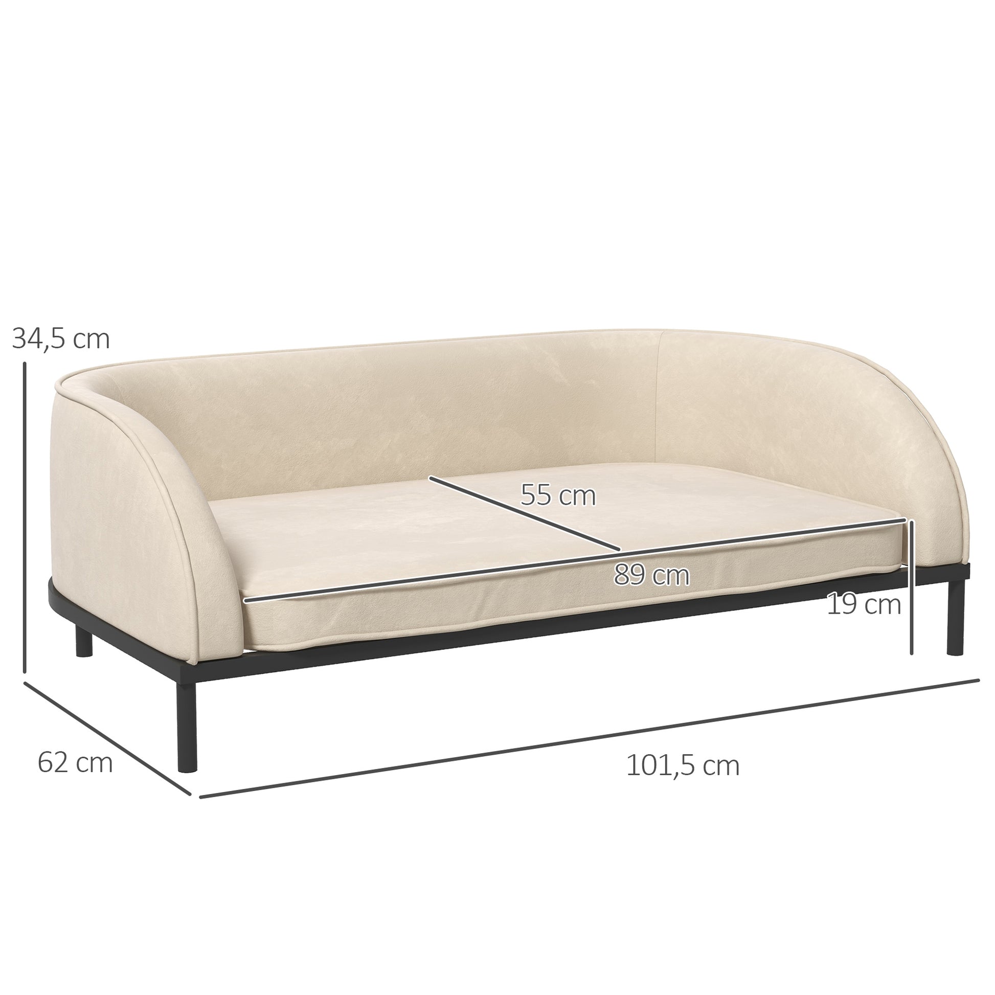Dog Sofa Elevated Dog Bed 101.5 x 62 x 34.5 cm Removable Cushion Steel Legs Velvet Surface Cream White Black Dog Bed