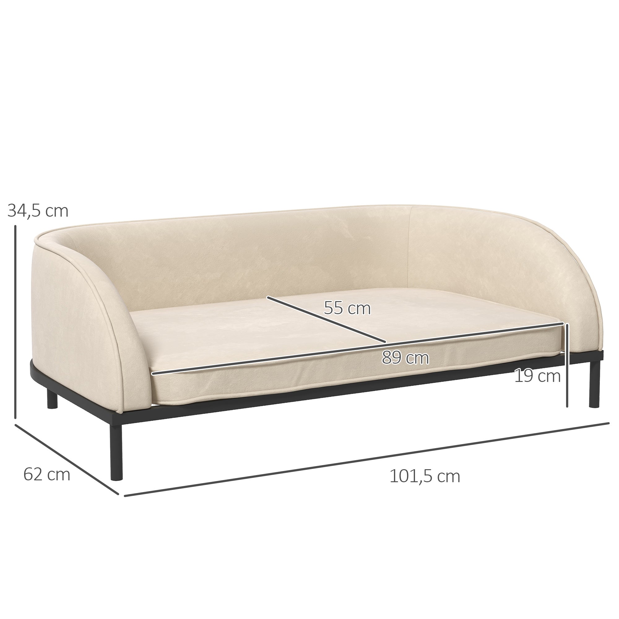 Dog Sofa Elevated Dog Bed 101.5 x 62 x 34.5 cm Removable Cushion Steel Legs Velvet Surface Cream White Black Dog Bed
