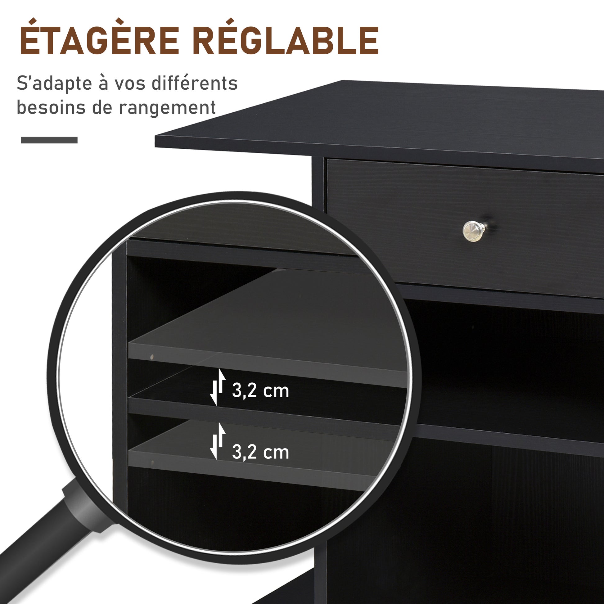 Printer Stand Desk Organizer with 2 Compartments Drawer CPU Space + Large Shelf Black Particle Board
