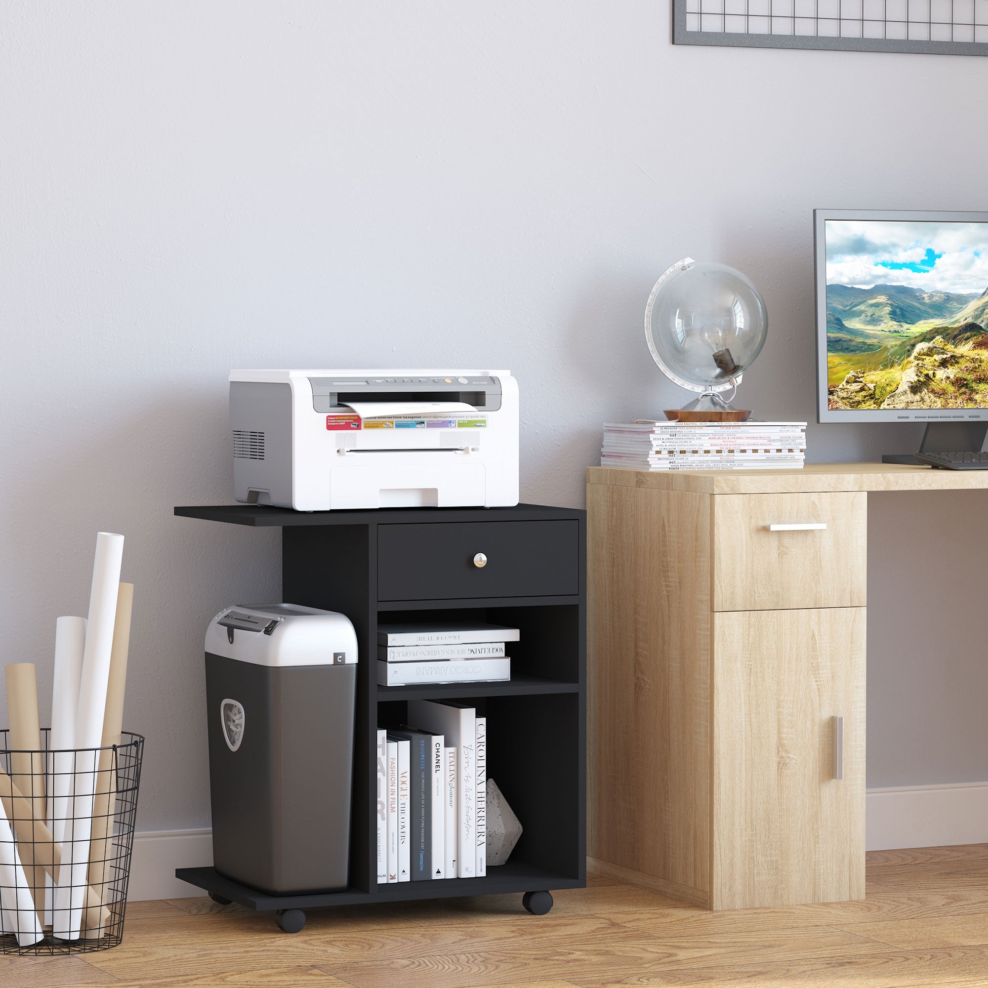 Printer Stand Desk Organizer with 2 Compartments Drawer CPU Space + Large Shelf Black Particle Board
