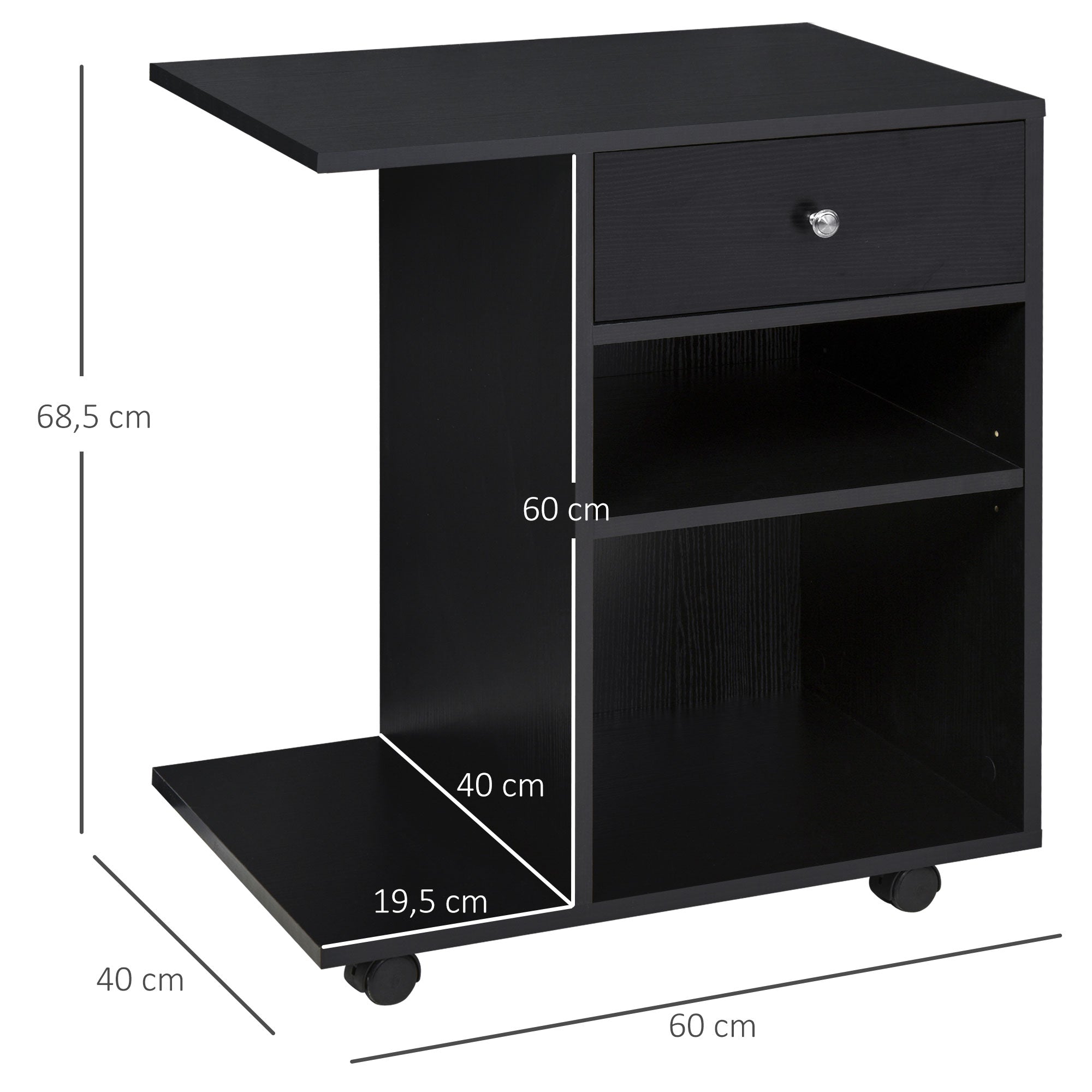 Printer Stand Desk Organizer with 2 Compartments Drawer CPU Space + Large Shelf Black Particle Board